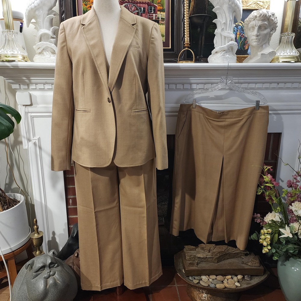 Pendleton 100% Wool 3 Piece Camel Blazer Pant Skirt Suit Set Brown Womens 16
